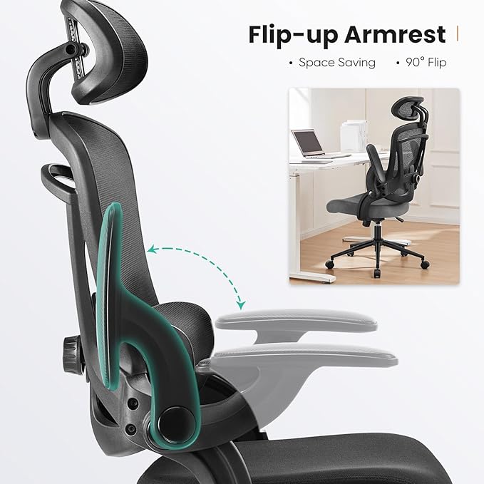 Sweetcrispy Executive Office Ergonomic Desk Chair, 300 LBS Home Mesh Chairs with Wheels, 2D Headrest, Up&Down Lumbar Support, Swivel High Back Computer Chair with Flip-up Armrests,Black