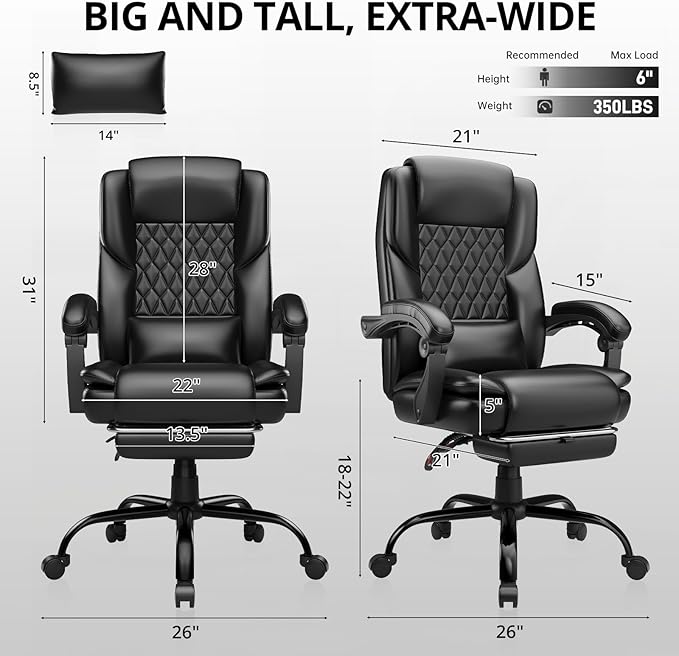 350lbs Big and Tall Executive Office Chair with Footrest, Reclining High Back Leather Desk Chair, Wide Seat with Pocket Spring Lumbar Support and Pillow, Ergonomic Computer Chair for Home Office Black