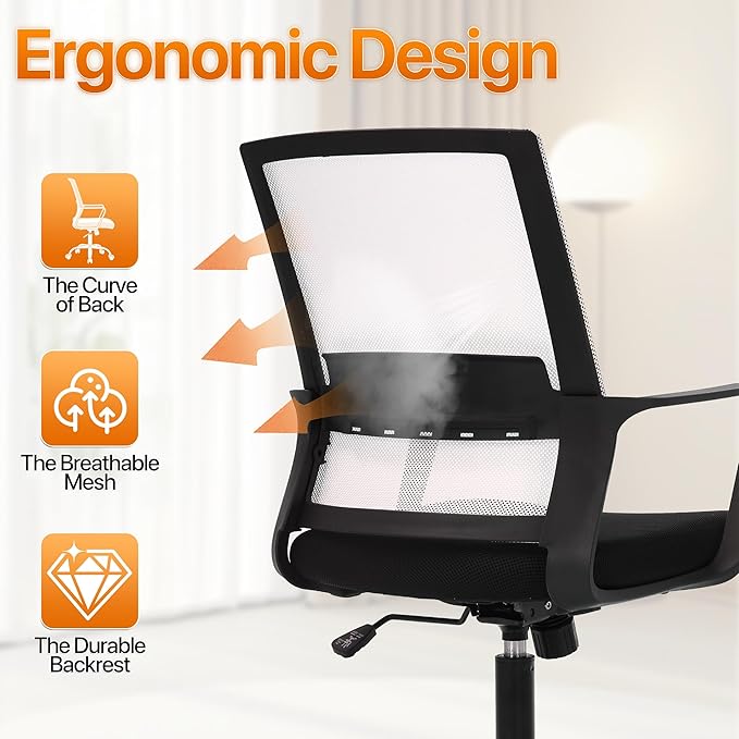 Ergonomic Office Chair, Comfortable Home Desk Chair, Breathable Mesh Back Computer Chair and Lumbar Support, Adjustable Height, Sponge Seat, White