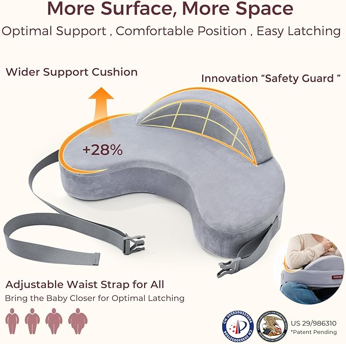 Momcozy Innovative Safety Guard Nursing Pillow - Firm & Springy Memory Foam - Stable, Ergonomic Support & Comfort - Wider Breastfeeding Cushion, Adjustable, Removable Cover, Baby Safety Certified