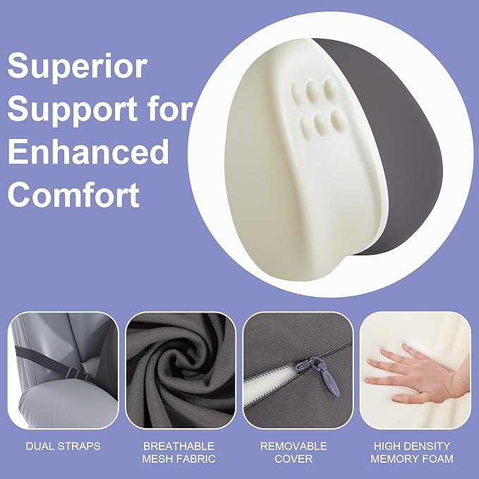 HOMBYS Ergonomic Lumbar Support Pillow for Recliner, Memory Foam Back Support for Recliner Chairs with Silky Cooling Cover, Washable & Orthopedic Design for Lower Back Pain Relief (Grey)