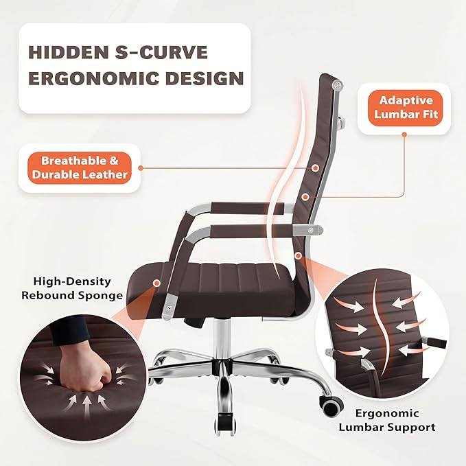 Furmax Ergonomic Office Desk Chair, Executive Ribbed Mid-Back PU Leather Conference Room Chair Adjustable Swivel Chair with Arms (4, Brown)