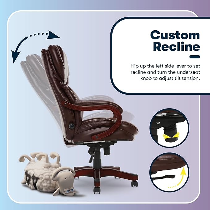 Serta Conway Big & Tall Executive Office Chair, Ergonomic High-Back with Adjustable Lumbar, Semi Plush Cushion and Body Pillows, Padded Armrests, Wooden Swivel Base, Bonded Leather, Chestnut Brown