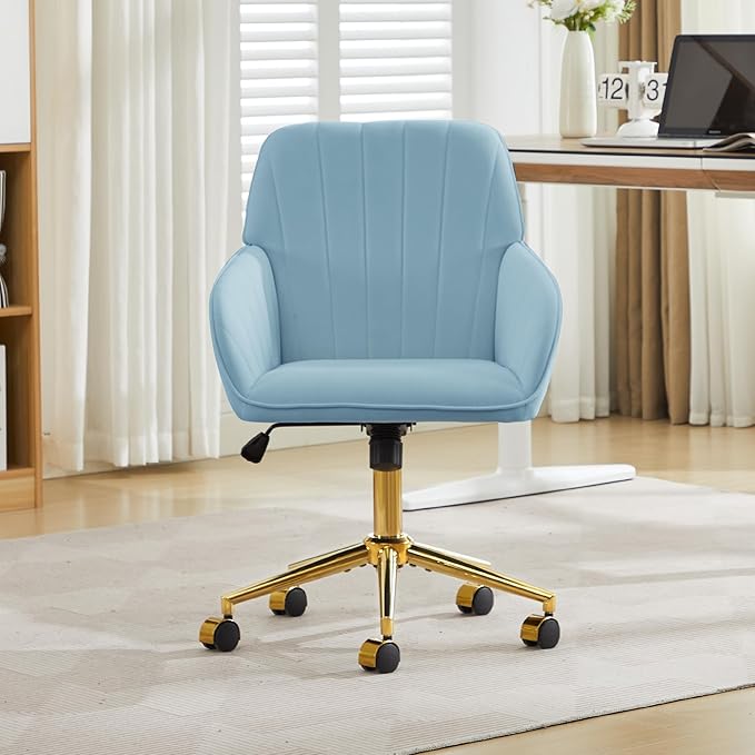 Velvet Home Office Desk Chair, Modern Cute Computer Task Chair with Back, Height Adjustable Upholstered Vanity Chair with Swivel Wheels for Women, Girls (Gold Base, Light Blue