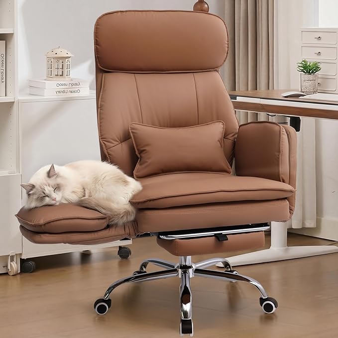 Big and Tall Office Chair with Flip Armrests, Cross Legged Office Chair with Storage Pockets, Comfortable Reclining Computer Chair with Foot Rest, Wide Home Office Desk Chair, Leather Brown