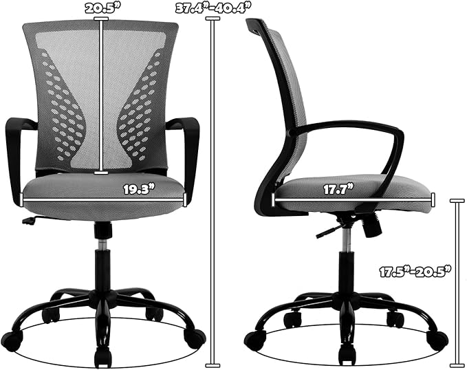 Mid Back Office Chair with Lumbar Support - Breathable Mesh Computer Chair for Desk, Ergonomic Adjustable Swivel Chair with Arms, Home & Office Use, Fits Small Spaces (Grey)