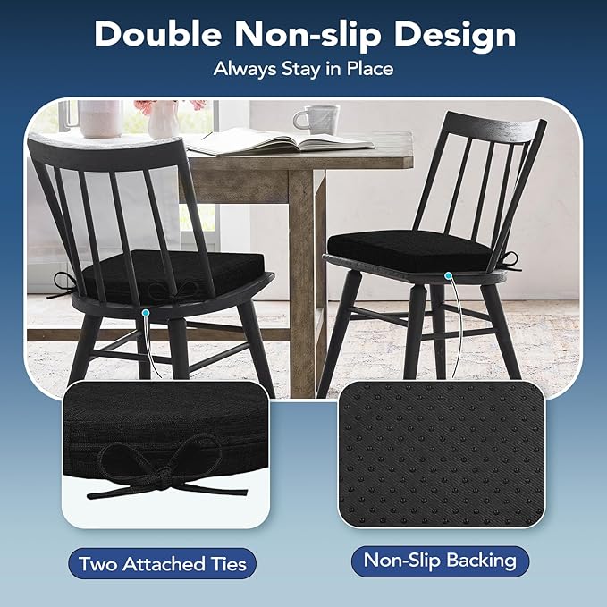 Chair Cushions for Dining Chairs, Non Slip Chair Pads with Ties and Washable Covers, Memory Foam Kitchen Chair Cushions Set of 6, 16"X16"X2.5", Black