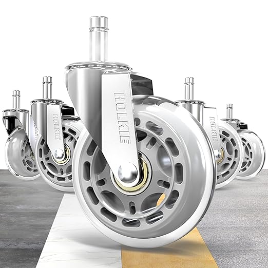 HOLKIE Gaming Chair Wheels - Silent Roller Blade Casters for Esports Rig Replacement - Heavy Duty 11x22mm - Smooth 360° Stealth Glide for Hardwood & Carpet - Set of 5 Silver