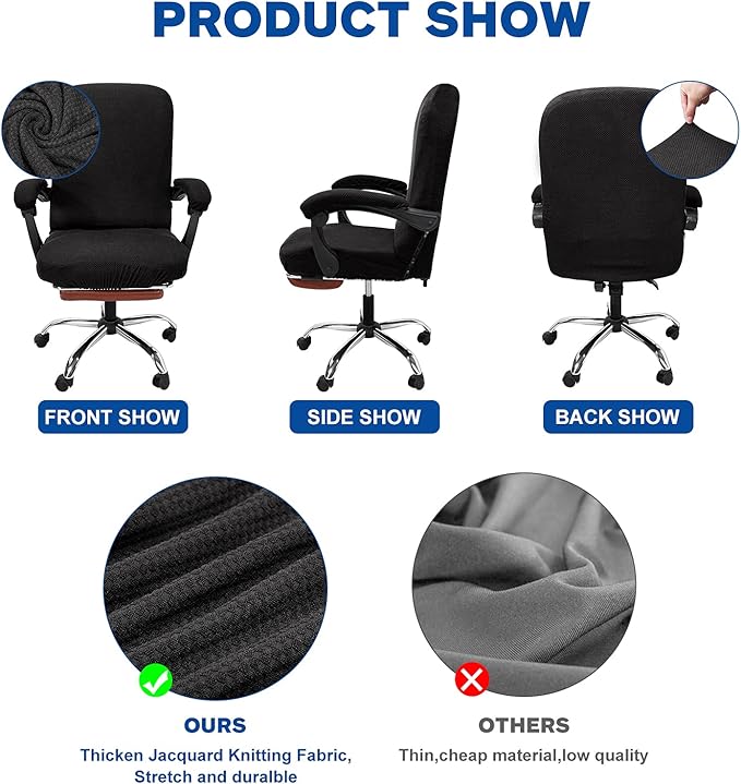 NeColorLife Stretchable Office Chair Cover with Armrest Covers - Zippered High Back Seat Cover for Extra Large Executive Desk Chairs,Big Tall Man (X-Large Size, Black)