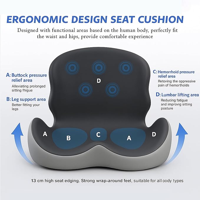Ergonomic L-Shaped Memory Foam Seat Cushion with Lumbar Support, Designed to Help Relieve Tailbone, Coccyx & Lower Back Pain for Office,Truck, Car & Travel (Grey)