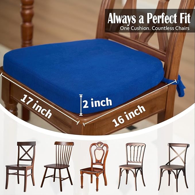 2'' Thick High-Density Foam Indoor Chair Cushions | Dining Chair Pads with Ties, Removable Washable Cover, Kitchen Chair Cushions 17"x16", Sapphire Blue 4 Pack