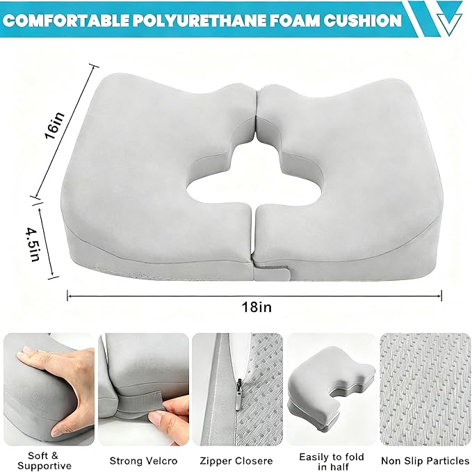 4.5" Donut Pillow for Tailbone Pain, 100% Memory Foam Bedsore Pressure Relief Pillow, Thick Anti Bedsore Cushion - T Shaped Opening Tailbone Pillow - Light Grey