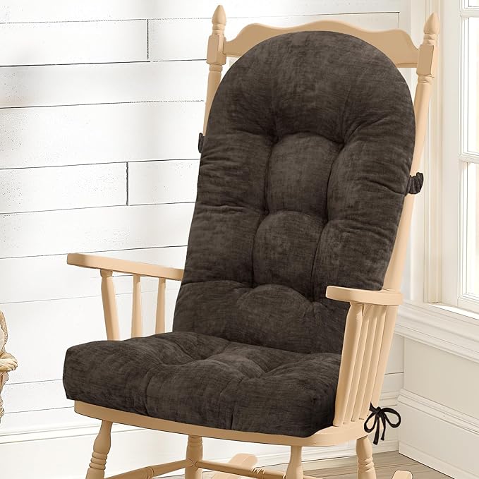 Rocking Chair Cushion - Chenille Fabric, High-Density Sponge, Durable Comfort Double-Sided Tufted Seat Pads with Ties, Chenille︱Sepia Brown, 44x19x4 inch