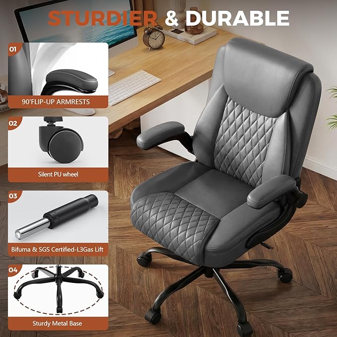 COMHOMA Leather Office Chair Ergonomic Computer Gaming Chair with Comfy Back Support, Executive Mid-Back,Small Gmaing Chair with Adjustable Armrests, for Short People Use, Rolling Swivel for Adults