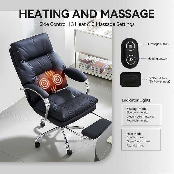 LEAGOO Office Chair with Foot Rest, Ergonomic Executive Office Chair with Arms, Reclining High Back PU Leather Comfy Swivel Computer Desk Chairs with Wheels (Inky‌)