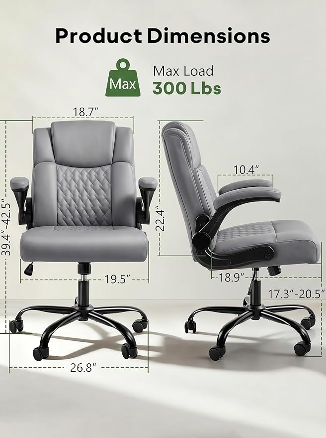 Office Chair PU Leather, Ergonomic Computer Desk Chair with Lumbar Support, Executive Leather Chair with Wheels & Flip-up Armrest, Small Home Office Desk Chair for Short People Use, Grey