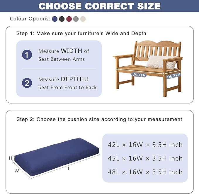 baibu 45In Outdoor Bench Cushion Waterproof, Bench Cushions for Outdoor Furniture, Dual-Layer Memory Foam atio Furniture Cushions, Porch Swing Seat Pad with Washable Cover & Ties, 45x16x3.5, Navy Blue