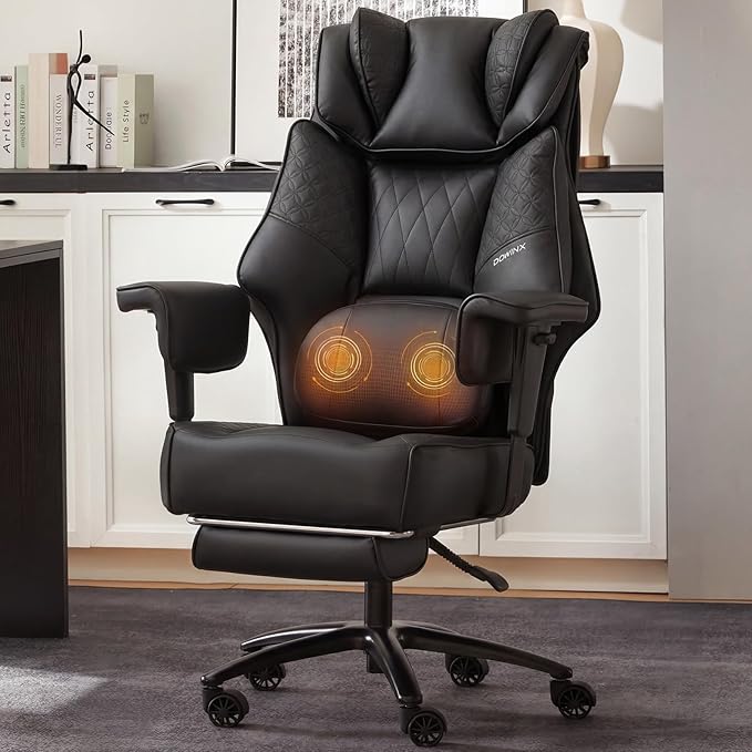 Dowinx Big and Tall Office Chair with Massage Lumbar Support,Executive Office Chair with Wide Thick Seat Cushion and Adjustable Armrest,Computer Gaming Chairs with Footrest (PU-Black)