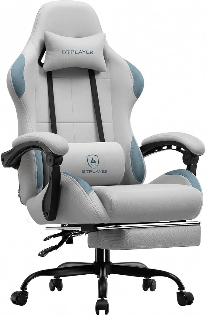 GTPLAYER Gaming Chair Fabric with Pocket Spring Cushion,Computer Office Chair with Lumbar Support for Adults Linkage Armrests and Footrest Ergonomic Gamings Chairs Height Adjustable Gray