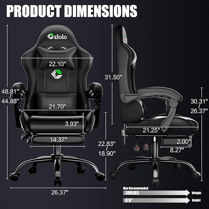Czlolo Gaming Chair with Footrest Racing Style Lumbar Support Massager Video Game Chair with Metal Legs, High Back Gamer Chair with Headrest, 360° Swivel Office Computer Desk Chair, Black