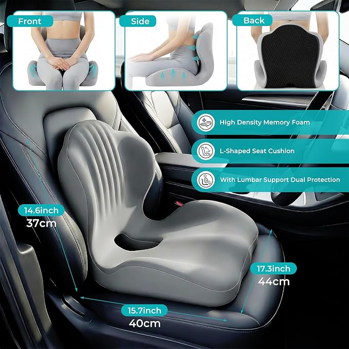 Memory Foam Seat Cushion with Lumbar Support Pillow for Truck Driver, Ergonomic L-Shaped Car Seat Cushion for Tailbone Pressure Relief, Non-Slip Chair Pad for Long Driving, Gray