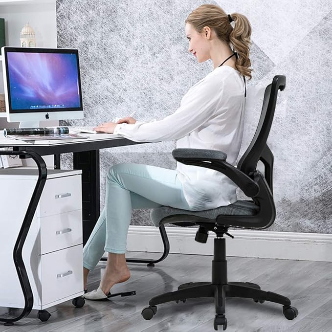 Office Chair Desk Chair Computer Chair with Lumbar Support Flip Up Arms Modern Task Adjustable Swivel Rolling Executive Mesh Ergonomic Chair for Back Pain, Grey