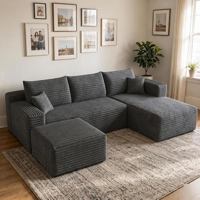 94" Darkgrey Fluffy Couch with Ottoman for Living Room, Corduroy No Bones Sectional Couch,Compressed Memory Foam Cloud Sofa,No Assembly Required,Right Facing Chaise,Darkgrey