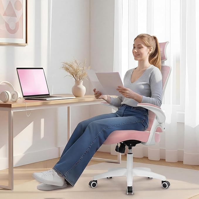 NEO CHAIR Ergonomic Office Desk Chair High Back Computer Gaming Mesh Chair with Comfy Task Adjustable Arms Lumbar Support Headrest Swivel for Home Office (Pink)