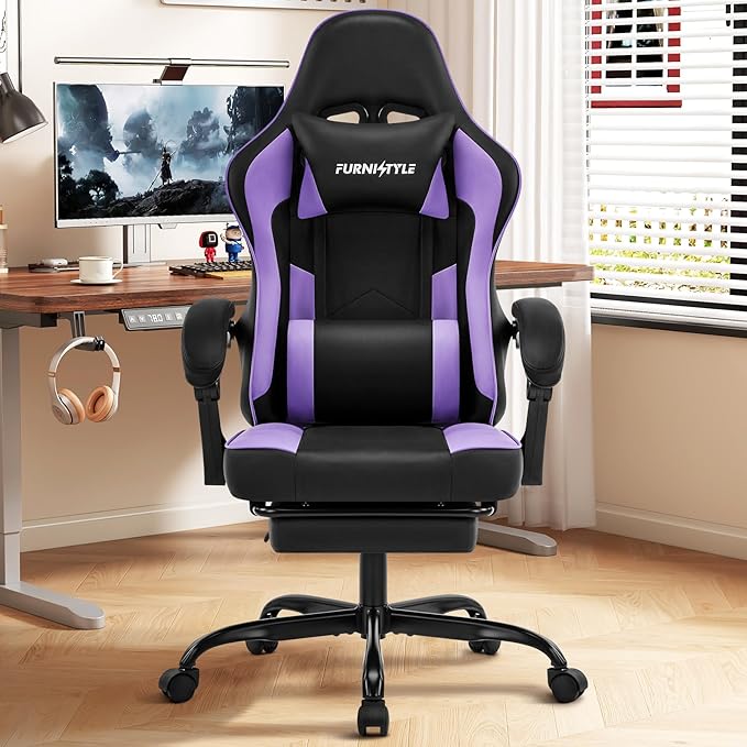 Gaming Chair, Purple Gaming Chairs for Adults Teens, High-Back Ergonomic Computer Chair with Extended Footrest, Removable Headrest & Lumbar Support, Wide PU Leather Reclining Desk Chair