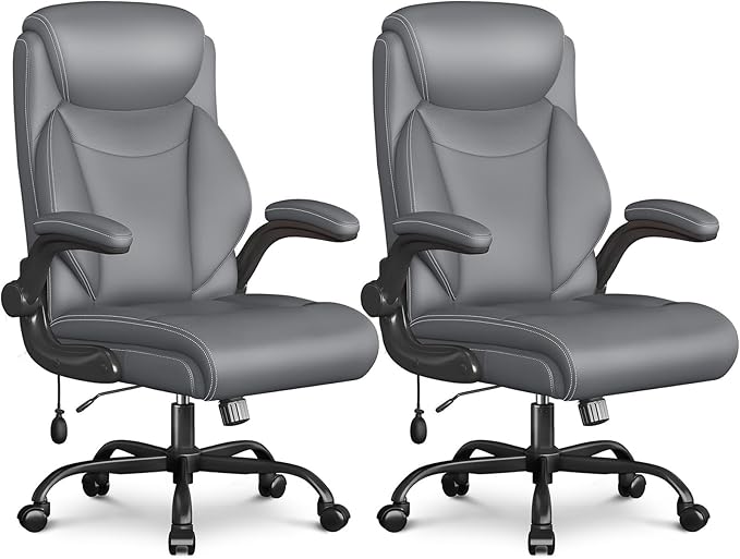 Ergonomic Office Chair, Home Desk Computer Chair, High Back Executive Chair，Padded Leather Ergonomic Computer Desk Chair with Inflatable Lumbar Support & Flip-Up Arms, Swivel Chair,Gray 2 Pack