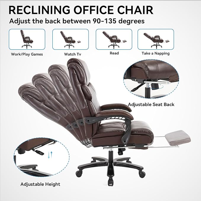 Heavy Duty Executive Office Chair, 550lbs Big and Tall Office Chair with Wide Seat, Reclining Ergonomic Desk Chair with Footrest PU Leather Computer Chair for Home Office, Red Brown