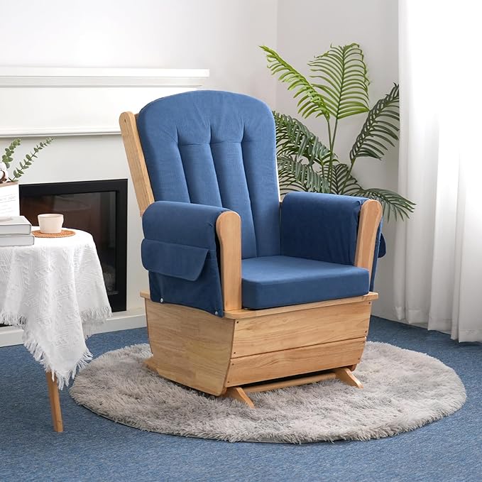 Modern Glider Rocker with Padded Cushion, Solid Wood Glider Gentle Rocking Chair, Soft Skin-Friendly Three Proof Fabric, Water Oil Resistant,Smooth Rocking Motion Indoor Living Room, Blue