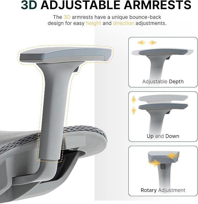 Ergonomic Mesh Office Chair, 3D Adjustable Armrests Desk Chair with 360° Swivel Silent Casters, 90°-120° Reclining Backrest Adjustable Gaming Chair for Home Office