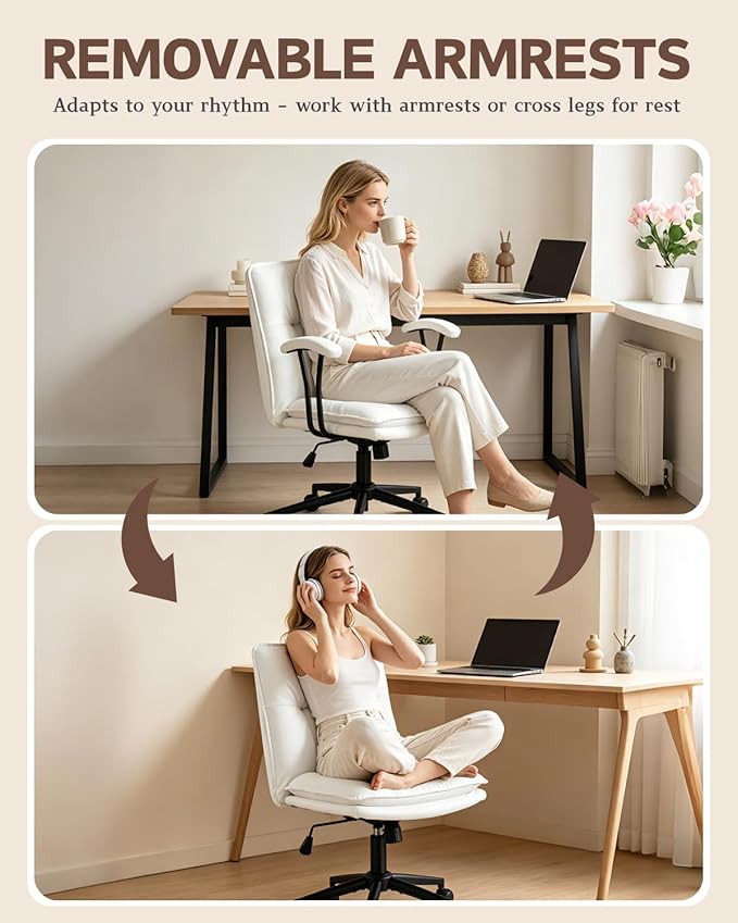 Karl home Faux Leather Office Chair with Removable Armrests, Adjustable Height & 360° Swivel, Tufted Thick Cushion Computer Desk Chair with Lumbar Support for Living Room, Vanity, White