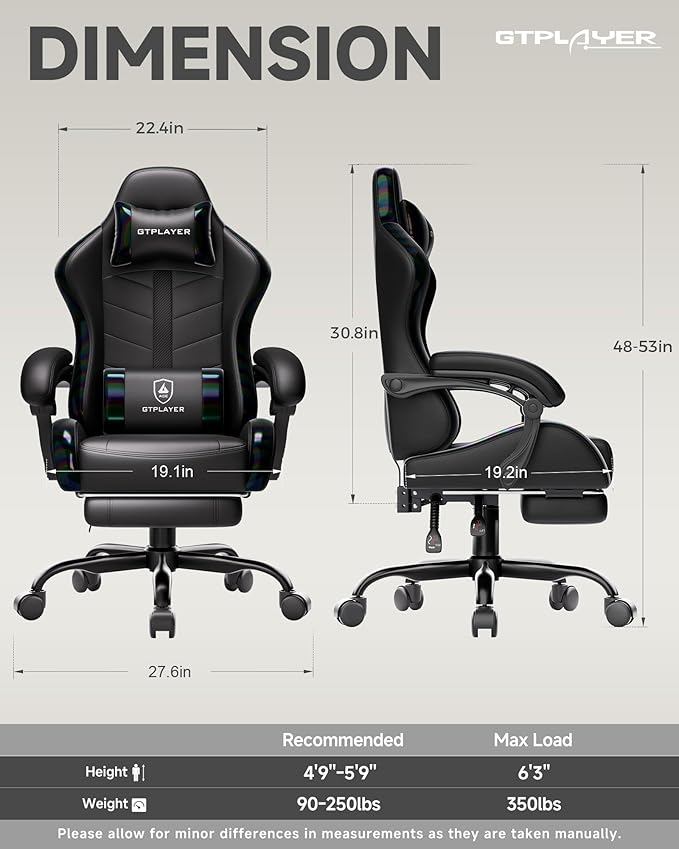 GTPLAYER Gaming Chair with Footrest, Computer Gaming Chair for Adults and Kids, Height Adjustable Gamer Chair with 90-155° Recline & Removable Headrest Lumbar Support, 01 Iridescent Black