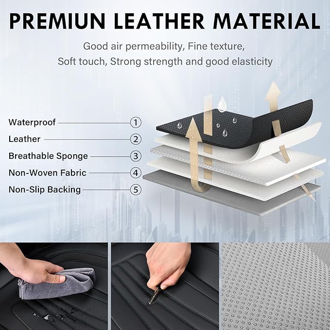 Coverado Car Seat Covers Full Set, 5 Piece Car Seat Protector with Lumbar Support & Removable Headrest, Breathable Leather Front Rear Seat Cushion Universal Fit for Truck Automotive Black
