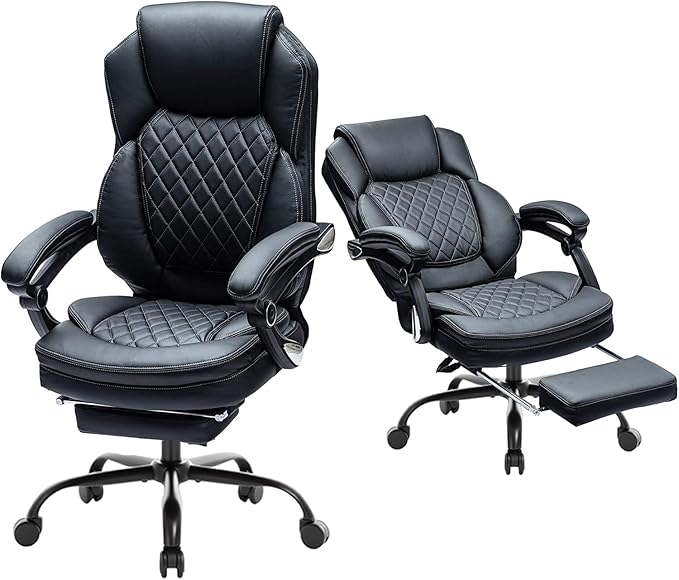 400lbs Reclining Office Desk Chairs with Footrest PU Leather Big Tall High Back Recliner Office Chairs with Wheels, Plus Size Managerial Executive Chair (Black)
