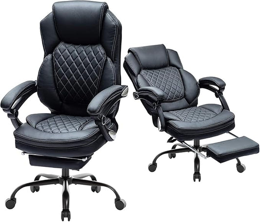 400lbs Reclining Office Desk Chairs with Footrest PU Leather Big Tall High Back Recliner Office Chairs with Wheels, Plus Size Managerial Executive Chair (Black)