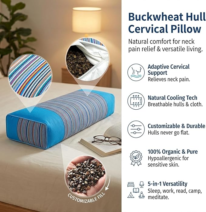 Adjustable Buckwheat Hull Pillow for Neck Pain Relief (21x8x4) Natural Cooling Cervical Support Camping Pillow for Side & Back Sleepers with Night Sweats (Blue)