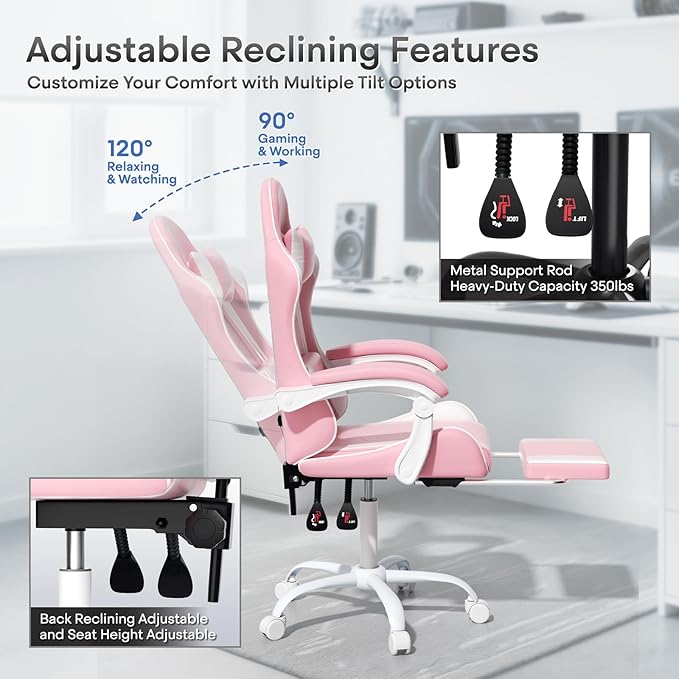 Athena Collection Gaming Chair, Ergonomic Gaming Chair with Footrest & Headrest Lumbar Support, Height Adjustable Swivel Computer Chair Office Chair for Kids Adults(Pink)