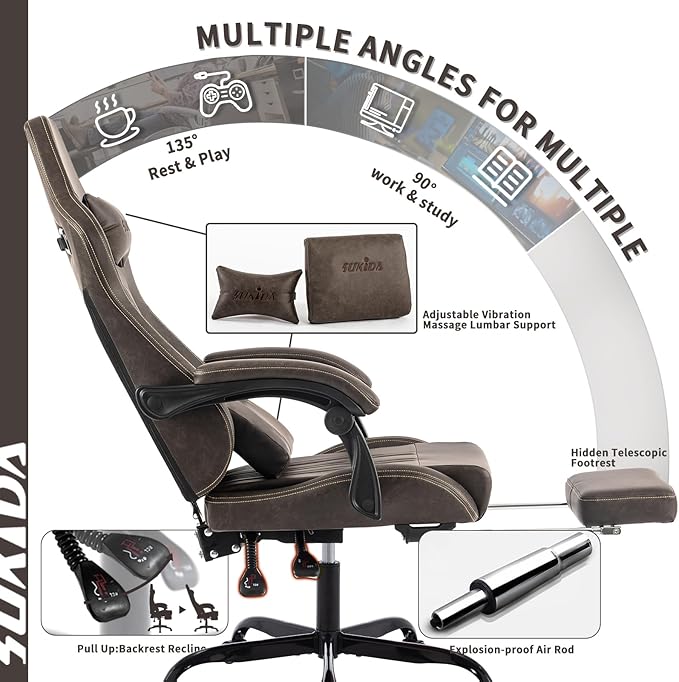 Gaming Chair with Footrest Ergonomic Computer Chair Massage Lumbar Cushion, Racing Video Game Chair Adjustable Rocker Recliner Executive Office Desk Chair Pu Leather for Adults