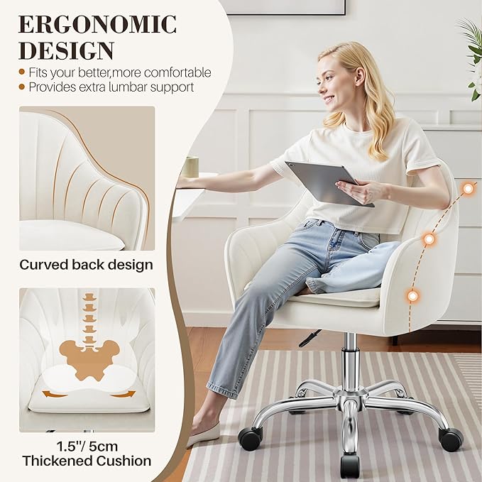 Vanity Chair with Wheels, Comfy Home Office Desk Chairs Adjustable Modern Velvet Makeup Vanity Chairs for Bedroom Living Room-Beige
