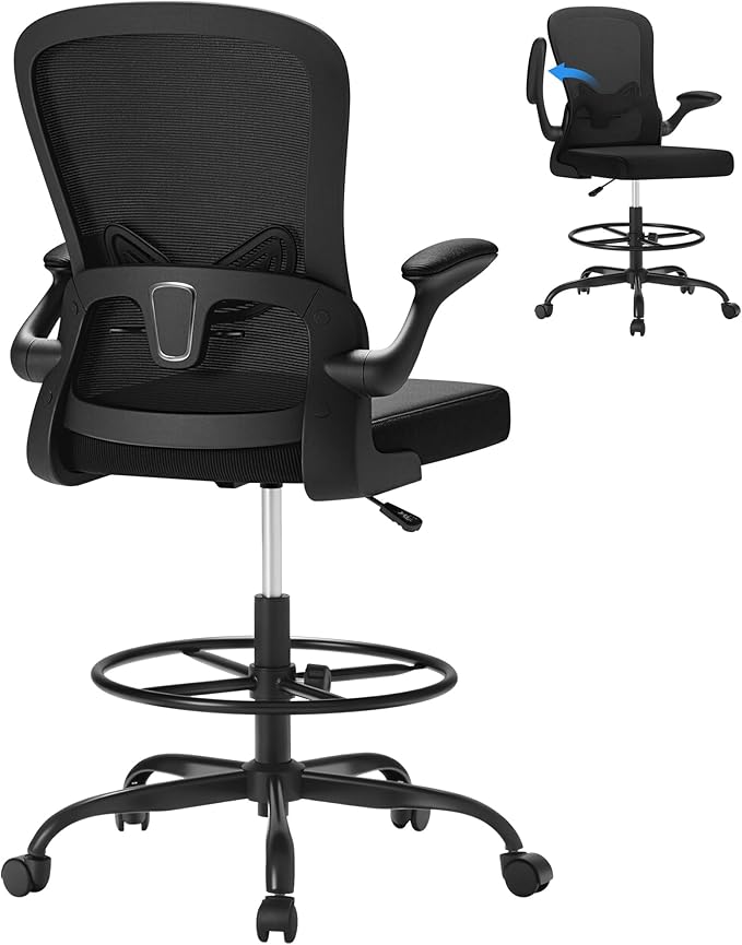 Devoko Ergonomic Drafting Chair with Flip-up Armrests,Executive Tall Office Chair Standing Chair with Lumbar Support and Adjustable Footrest Ring for Standing Desk(Black)