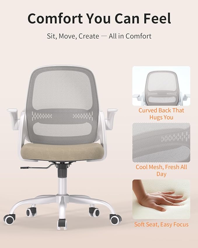 Ergonomic Mesh Office Chair with Flip-Up Arms, Adjustable Height, Breathable Mesh Back & Thick Cushion Seat, 360° Swivel Rolling Computer Desk Chair, BIFMA Certified, Supports 300 lbs (Beige)