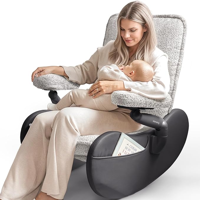 MAMAZING Lullabud Nursery Rocking Chair Glider with Adjustable Armrests for Breastfeeding, Upholstered Nursing Chair with Removable Cover for Mom and Baby(Black/Grey)