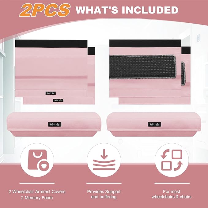 SPRING SEAON Wheelchair Accessories Armrest Covers (Pair), Short Plush Memory Foam Pads, Non-Slip Bottom, Wide Hook-and-Loop Straps, Washable, for Wheelchair/Transport/Office/Gaming Chairs, Pink