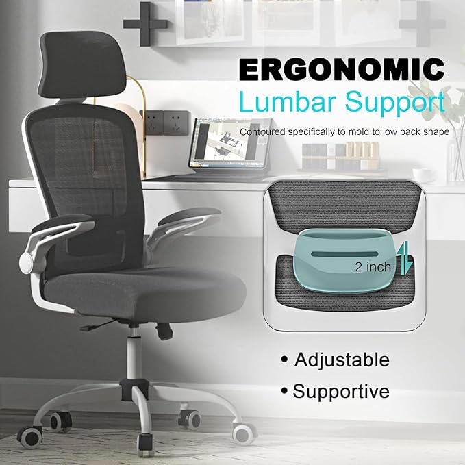 Mimoglad Office Chair, High Back Ergonomic Desk Chair with Adjustable Lumbar Support and Headrest, with flip-up Armrests for Guitar Playing, 5 Years Warranty (Modern, Charcoal (White Frame))