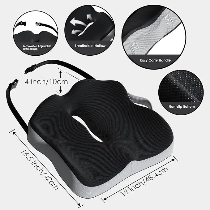 Car Seat Cushion, Extra Large Memory Foam Cushion with Adjustable Strap for Truck Drivers & Long Driving, Orthopedic Sciatica and Tailbone Pain Relief, Comfort Support for Travel Essentials