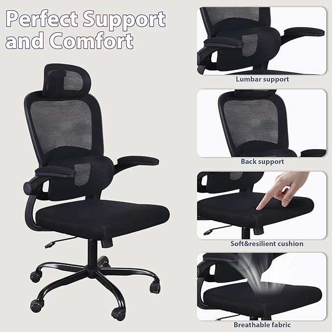 Office Chair Ergonomic Desk Chair,Office Desk Chair with High Back Mesh and Adjustable Lumbar Support Rolling Work Swivel Task Chairs with Wheel 3D Armrests and Headrest