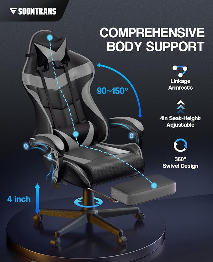Soontrans Grey Gaming Chairs with Footrest,Ergonomic Computer Game Chair, Gamer Chair with Lumbar Pillow and Adjustable Headrest (Galaxy Grey)